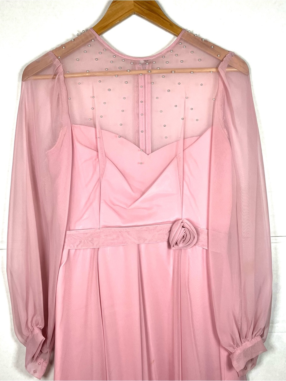 Elegant 1970s Pink Long-Sleeve Evening Dress with Sheer Yoke - Picture 2 of 15